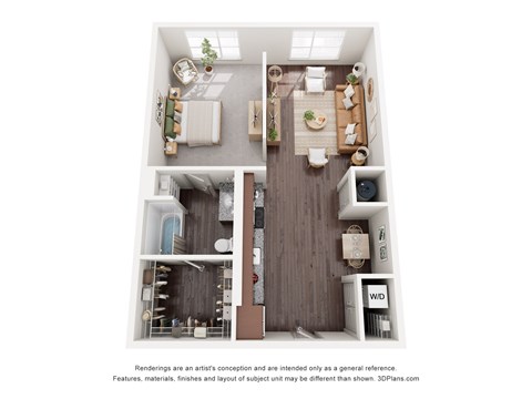 A 3D floor plan of a small apartment with a kitchen, living room, and bedroom.